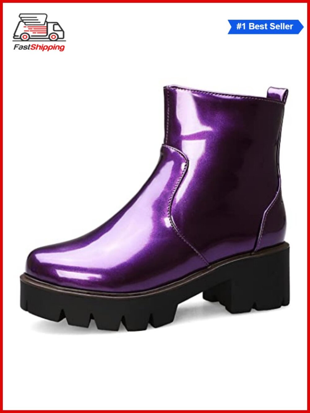 ✨ Chunky Mid Heel Dressy Ankle Boots Side Zipper Round Toe Patent Leather